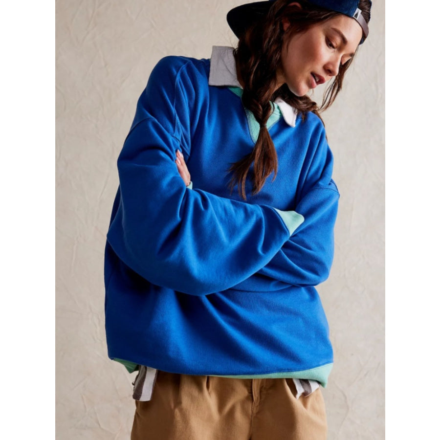 Contrast Trim Round Neck Long Sleeve Sweatshirt Peacock Blue / S Apparel and Accessories