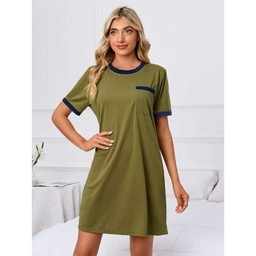 Contrast Trim Round Neck Mini Dress Apparel and Accessories