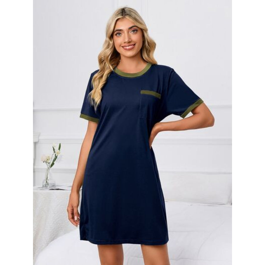 Contrast Trim Round Neck Mini Dress Apparel and Accessories