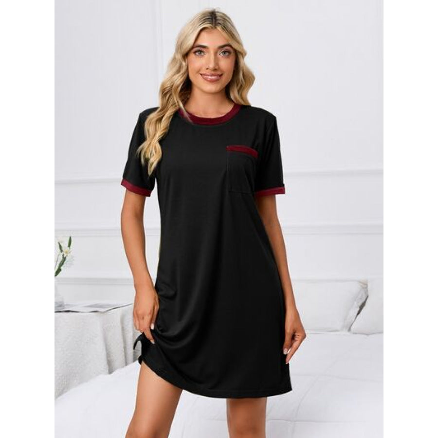 Contrast Trim Round Neck Mini Dress Black / S Apparel and Accessories