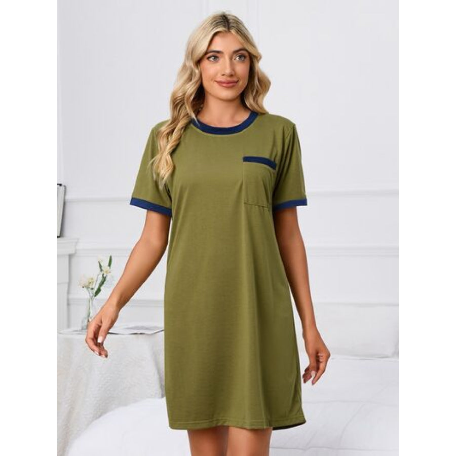 Contrast Trim Round Neck Mini Dress Moss / S Apparel and Accessories