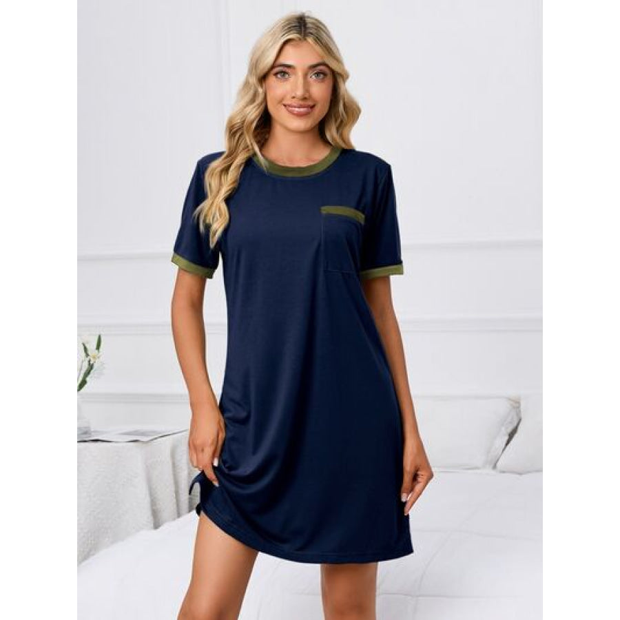 Contrast Trim Round Neck Mini Dress Navy / S Apparel and Accessories