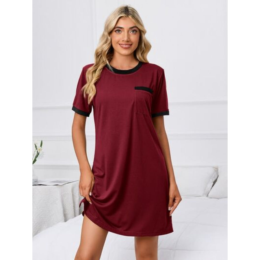 Contrast Trim Round Neck Mini Dress Wine / S Apparel and Accessories