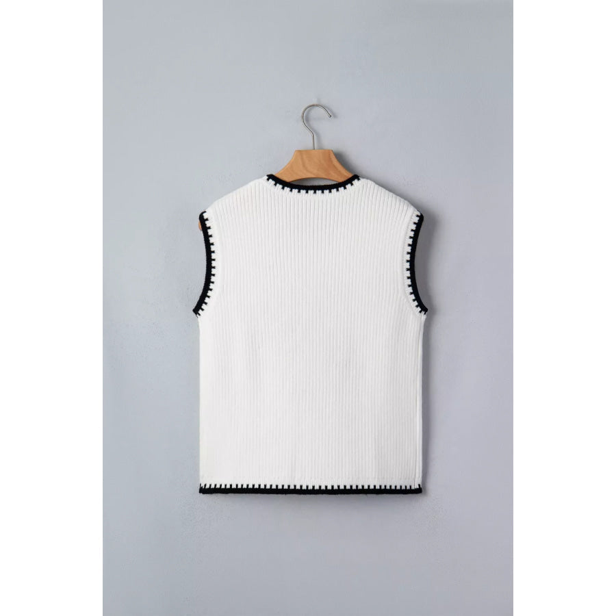 Contrast Trim Round Neck Rodeo Cowboy Sweater Vest Apparel and Accessories