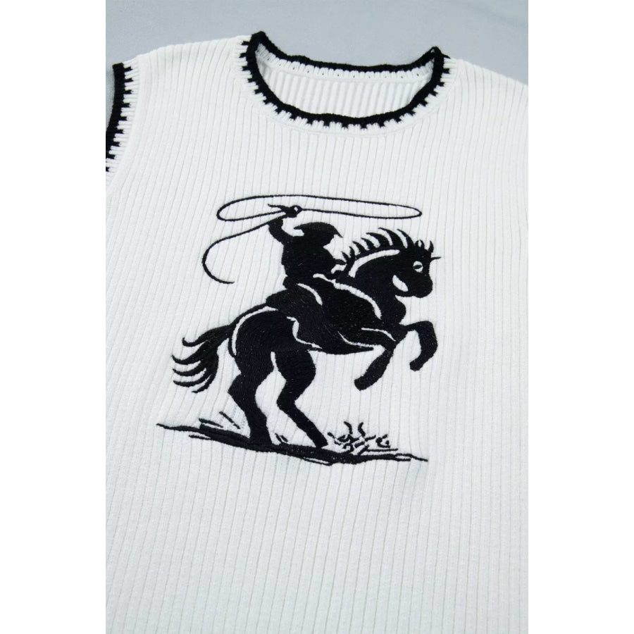 Contrast Trim Round Neck Rodeo Cowboy Sweater Vest Apparel and Accessories
