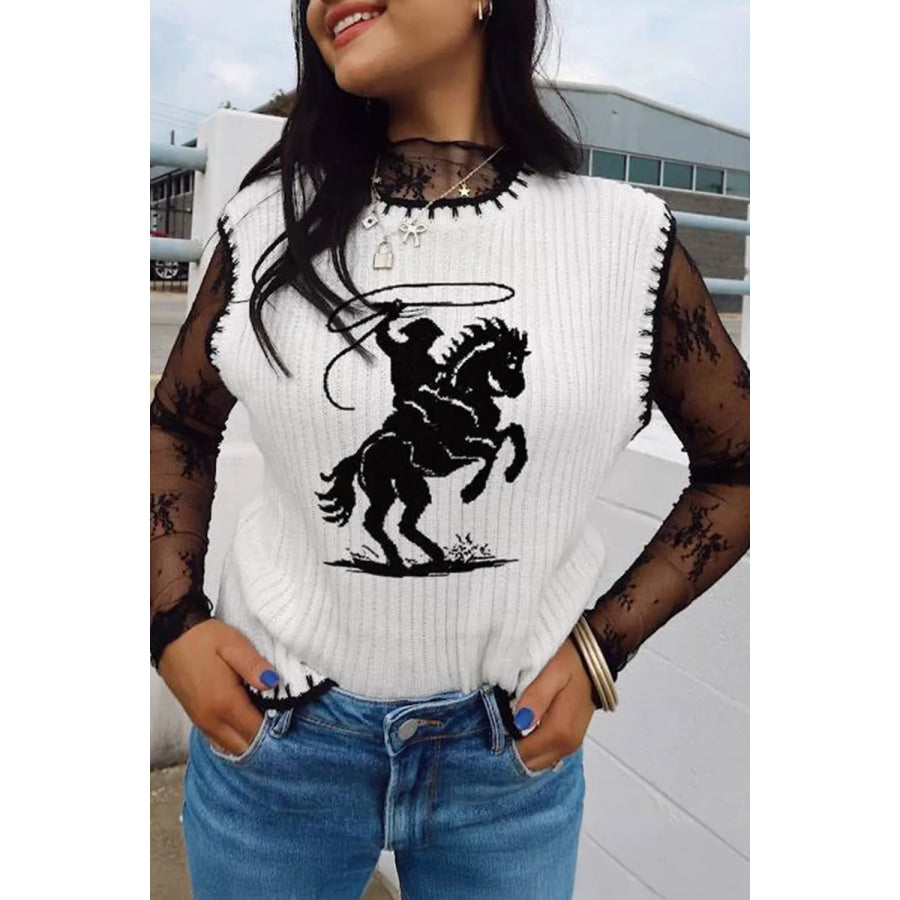 Contrast Trim Round Neck Rodeo Cowboy Sweater Vest Apparel and Accessories