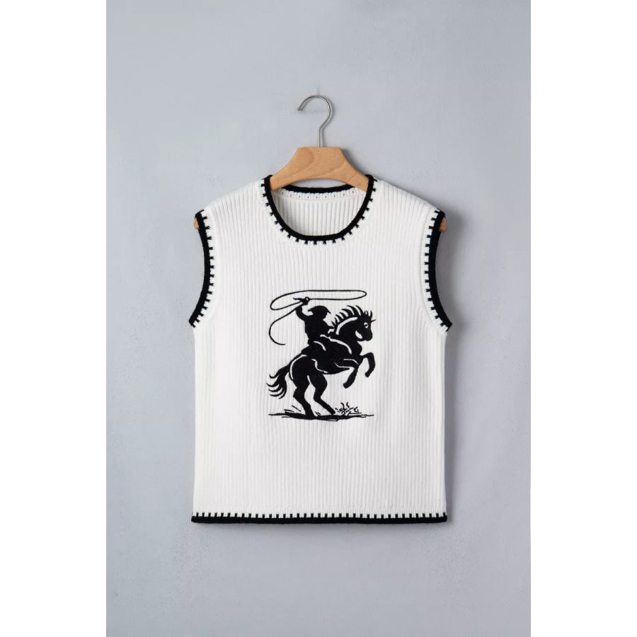 Contrast Trim Round Neck Rodeo Cowboy Sweater Vest White / S Apparel and Accessories