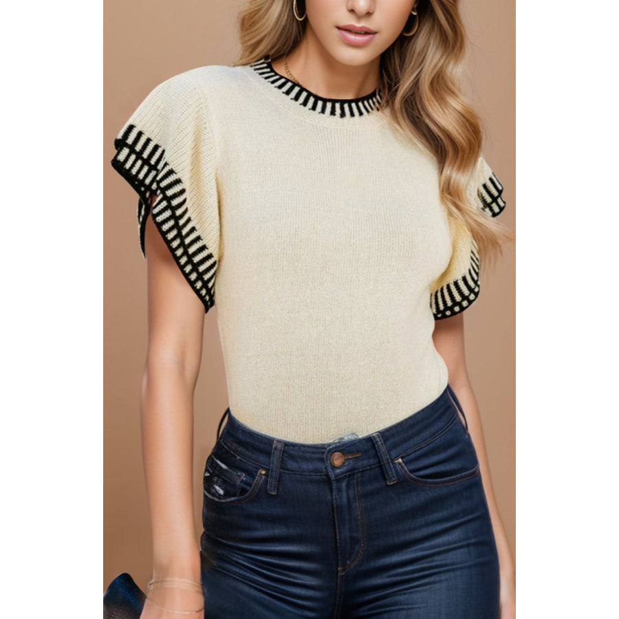 Contrast Trim Round Neck Short Sleeve Knit Top Sand / M Apparel and Accessories