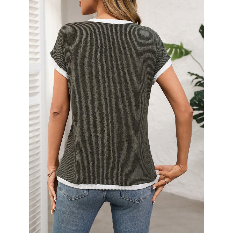 Contrast Trim Round Neck Short Sleeve T-Shirt Army Green / S Apparel and Accessories