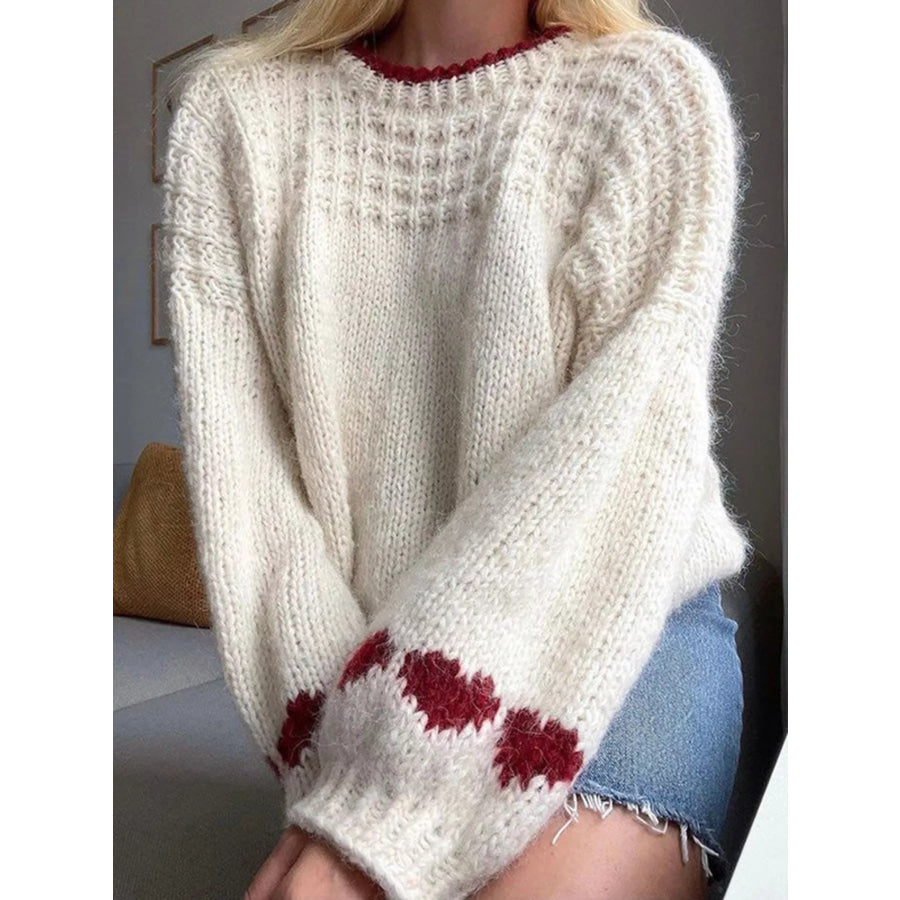 Contrast Trim Round Neck Sweater Ivory White / S Apparel and Accessories