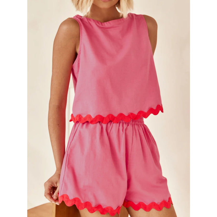 Contrast Trim Round Neck Tank and Shorts Set Fuchsia Pink / S Apparel and Accessories