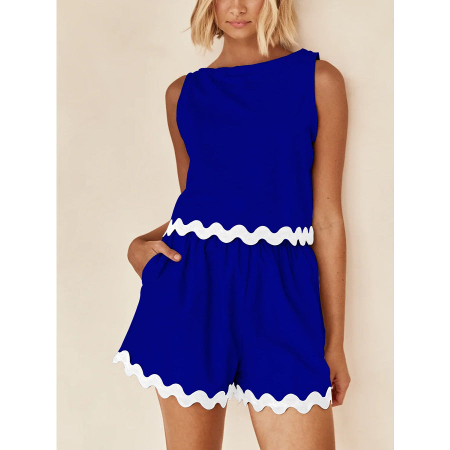 Contrast Trim Round Neck Tank and Shorts Set Royal Blue / S Apparel and Accessories