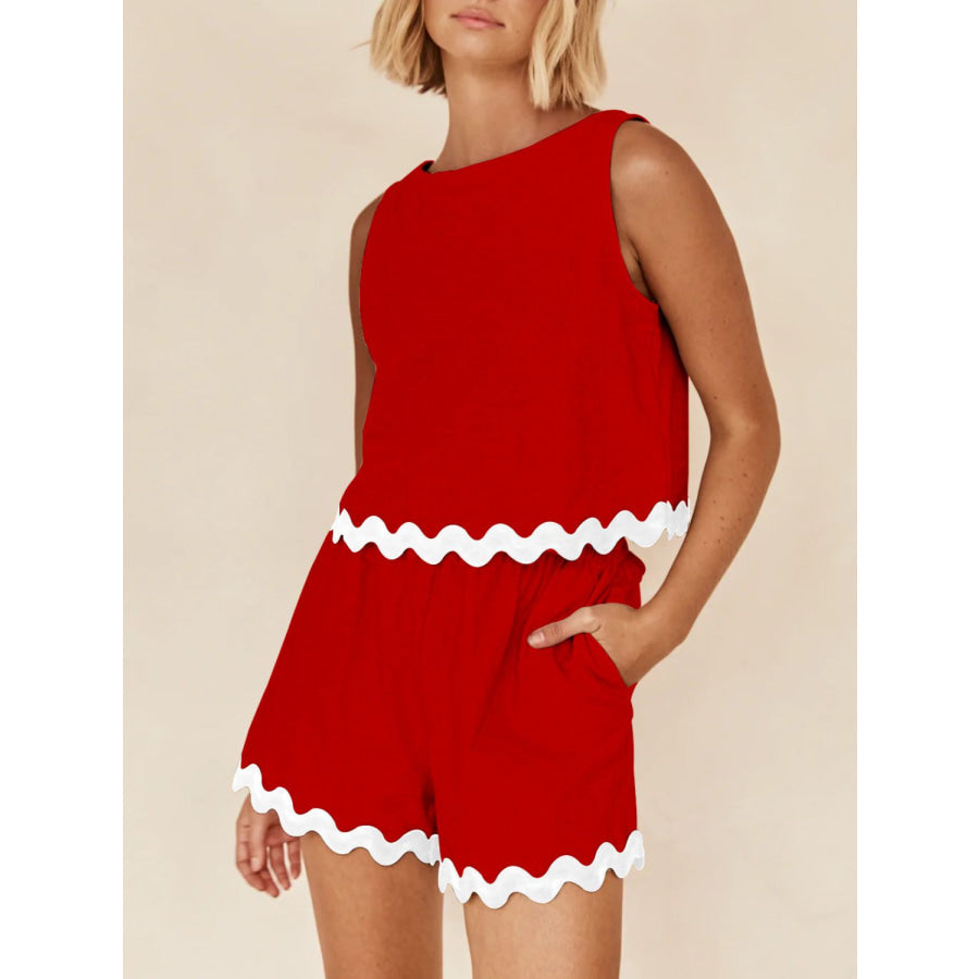 Contrast Trim Round Neck Tank and Shorts Set Scarlet / S Apparel and Accessories