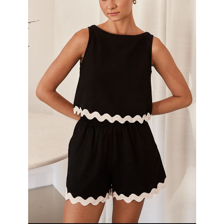 Contrast Trim Round Neck Tank and Shots Set Black / S Apparel and Accessories