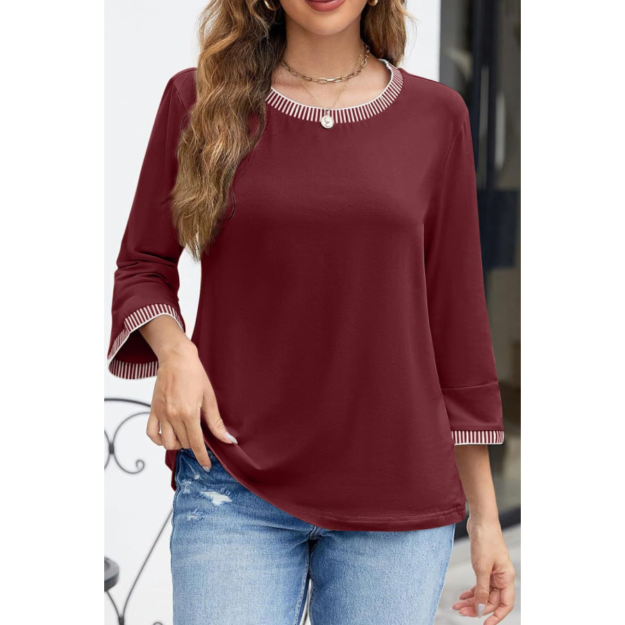 Contrast Trim Round Neck Three-Quarter Sleeve T-Shirt Apparel and Accessories