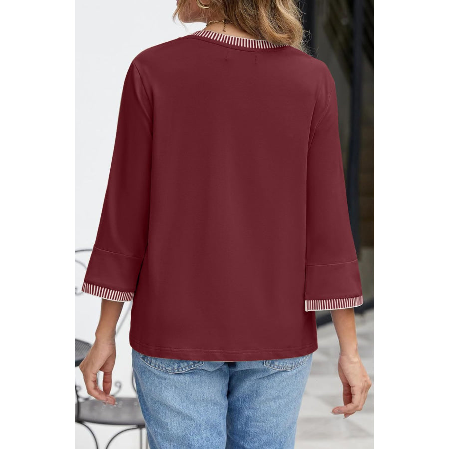 Contrast Trim Round Neck Three-Quarter Sleeve T-Shirt Apparel and Accessories