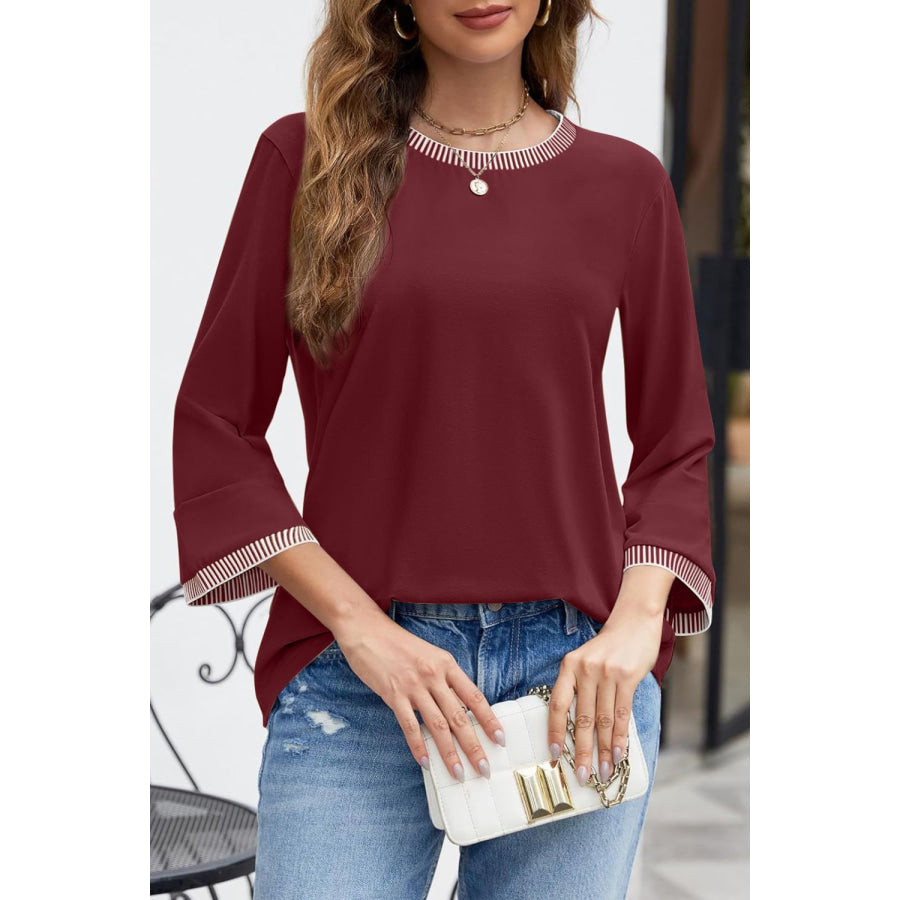 Contrast Trim Round Neck Three-Quarter Sleeve T-Shirt Burgundy / S Apparel and Accessories