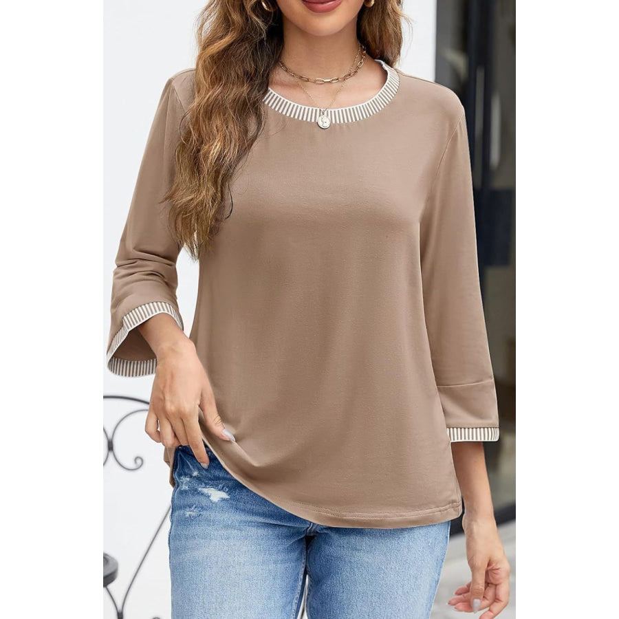 Contrast Trim Round Neck Three-Quarter Sleeve T-Shirt Camel / S Apparel and Accessories