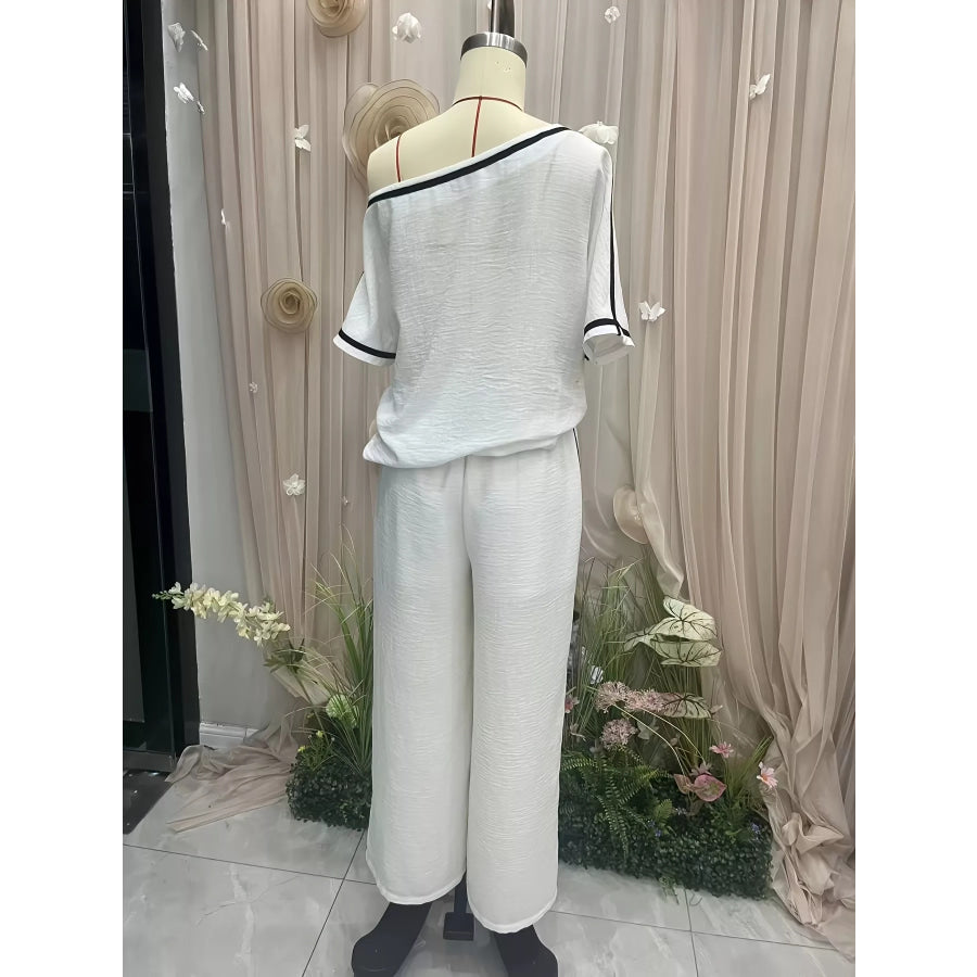 Contrast Trim Round Neck Top and Pants Set Apparel Accessories