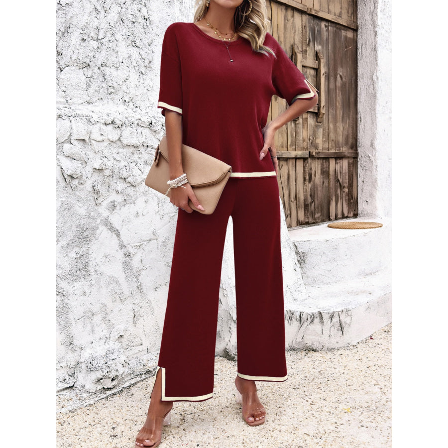 Contrast Trim Round Neck Top and Pants Set Apparel and Accessories