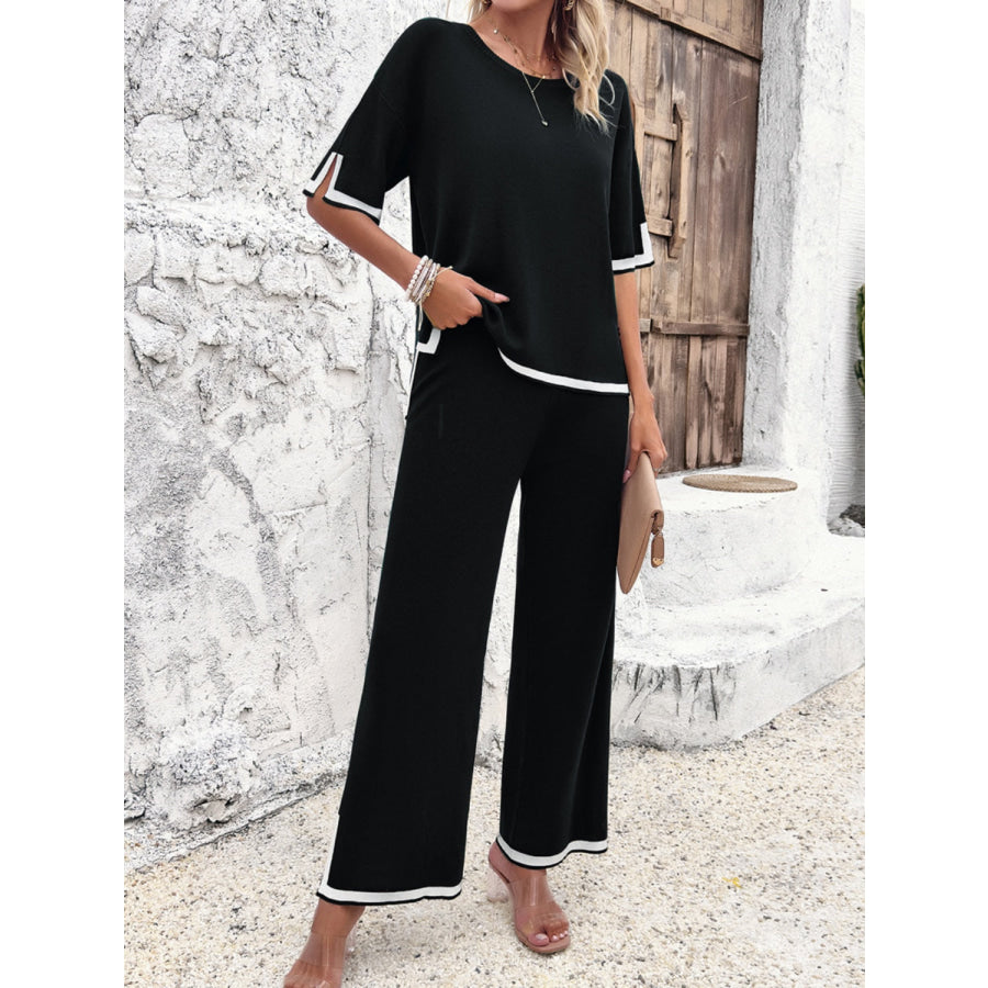 Contrast Trim Round Neck Top and Pants Set Apparel and Accessories