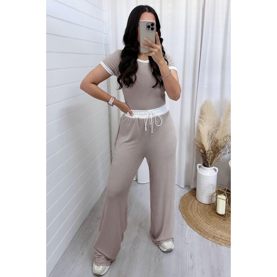 Contrast Trim Round Neck Top and Pants Set Apparel and Accessories