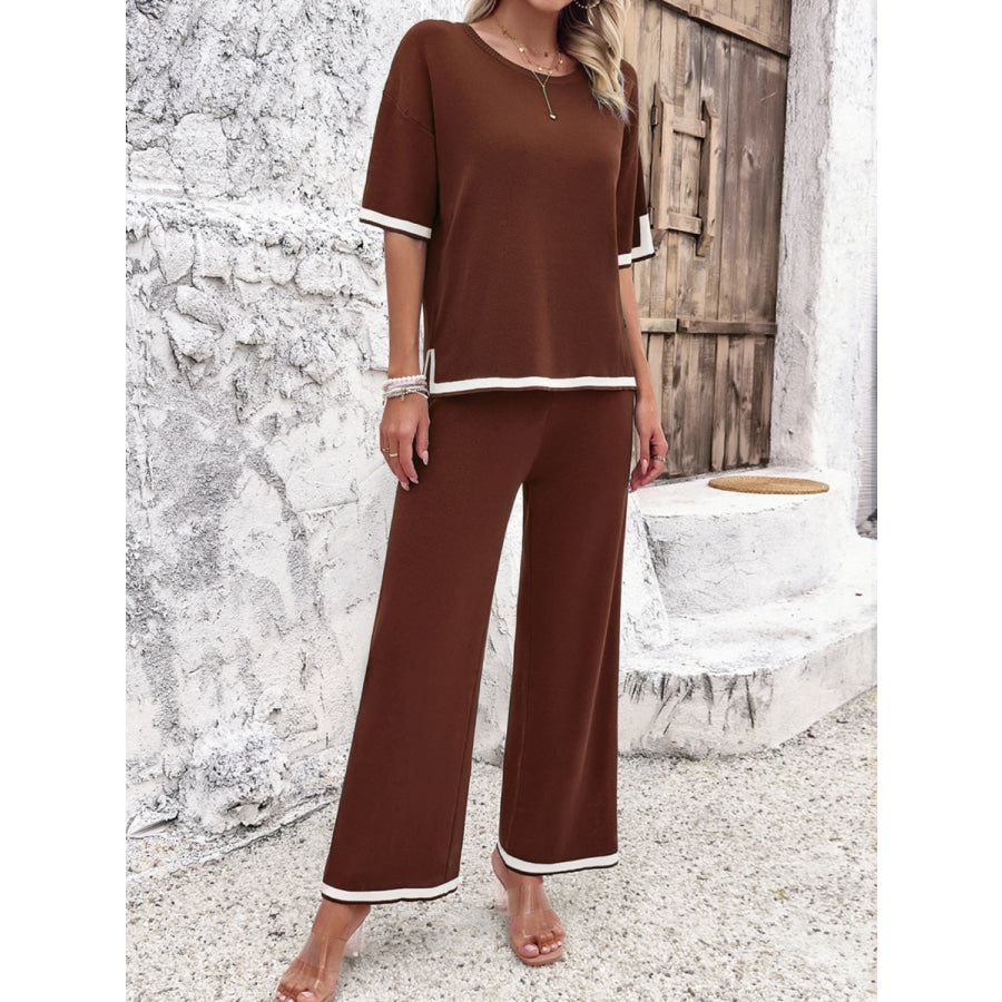 Contrast Trim Round Neck Top and Pants Set Apparel and Accessories