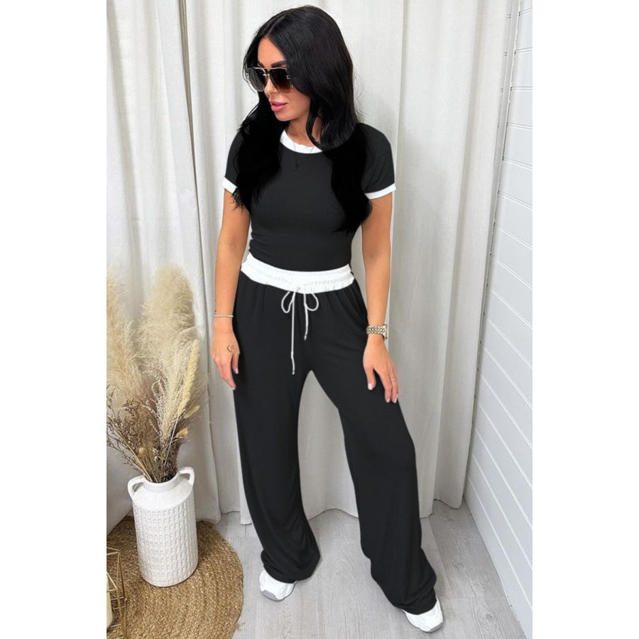 Contrast Trim Round Neck Top and Pants Set Apparel and Accessories