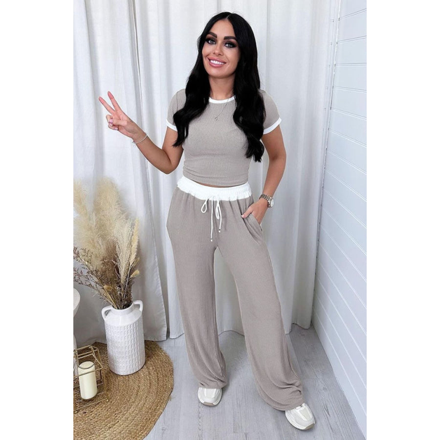 Contrast Trim Round Neck Top and Pants Set Apparel and Accessories