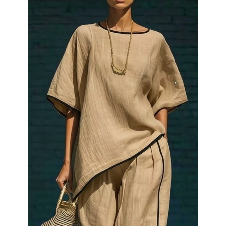 Contrast Trim Round Neck Top and Pants Set Apparel and Accessories