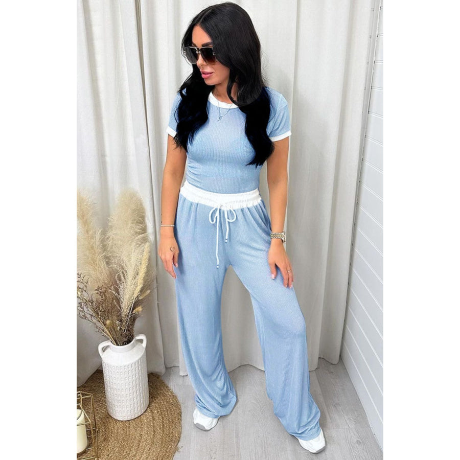 Contrast Trim Round Neck Top and Pants Set Apparel and Accessories