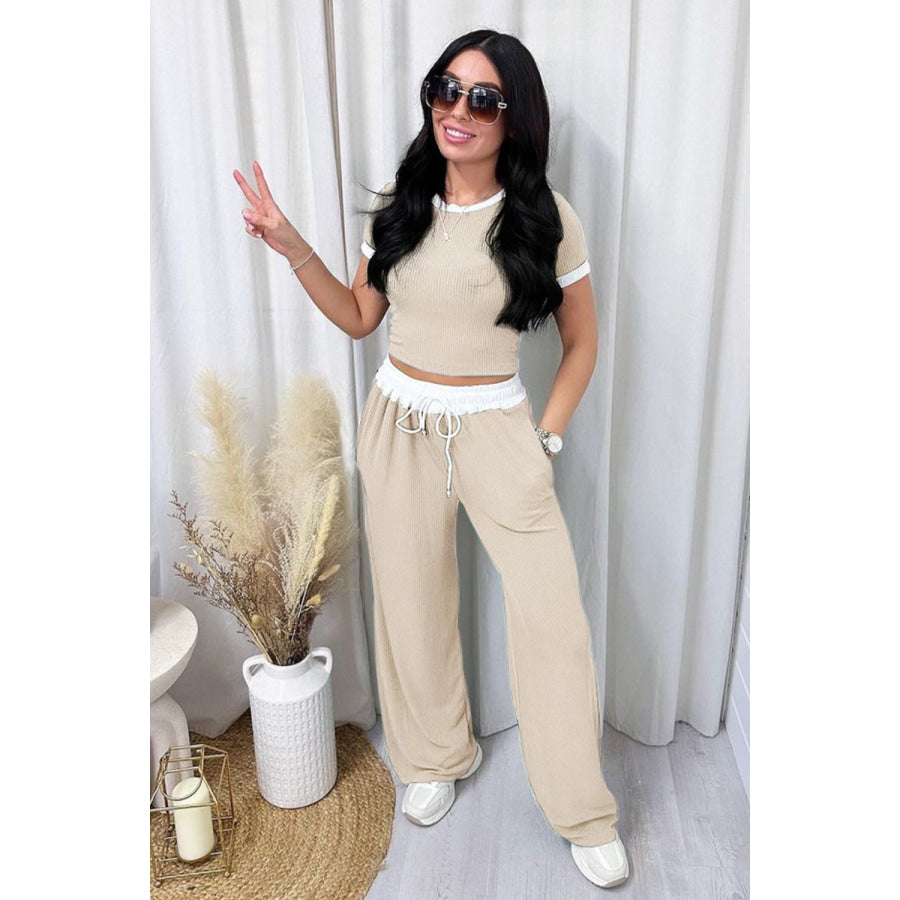 Contrast Trim Round Neck Top and Pants Set Apparel and Accessories