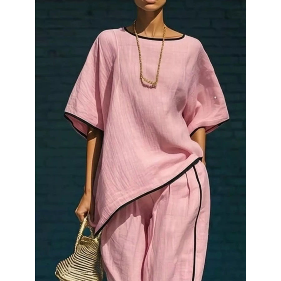 Contrast Trim Round Neck Top and Pants Set Apparel and Accessories