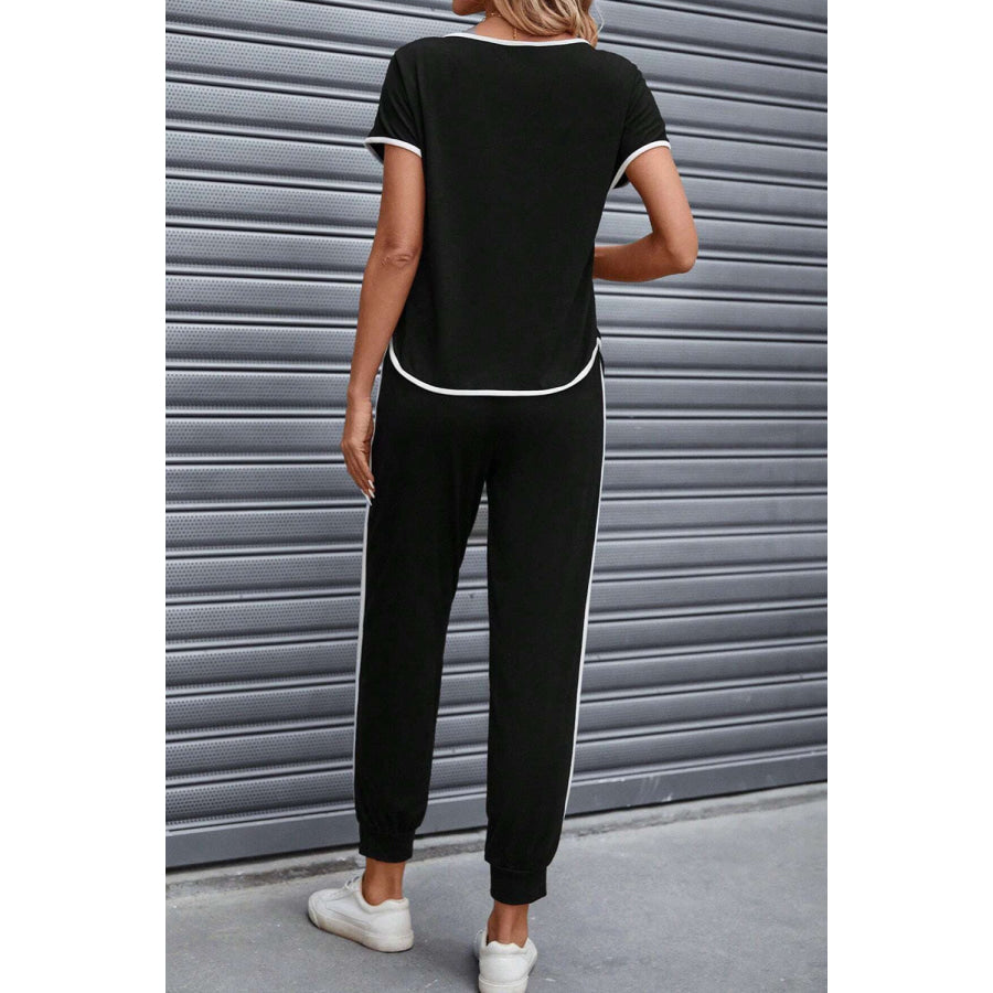 Contrast Trim Round Neck Top and Pants Set Apparel and Accessories