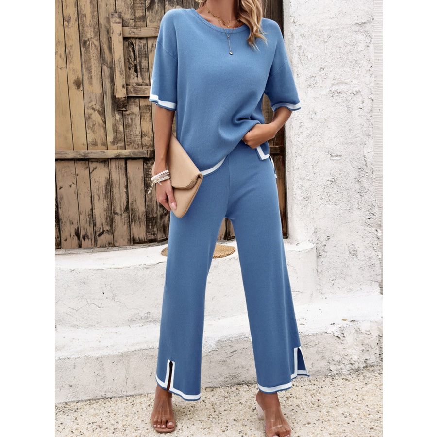 Contrast Trim Round Neck Top and Pants Set Apparel and Accessories