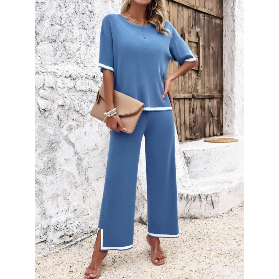 Contrast Trim Round Neck Top and Pants Set Apparel and Accessories