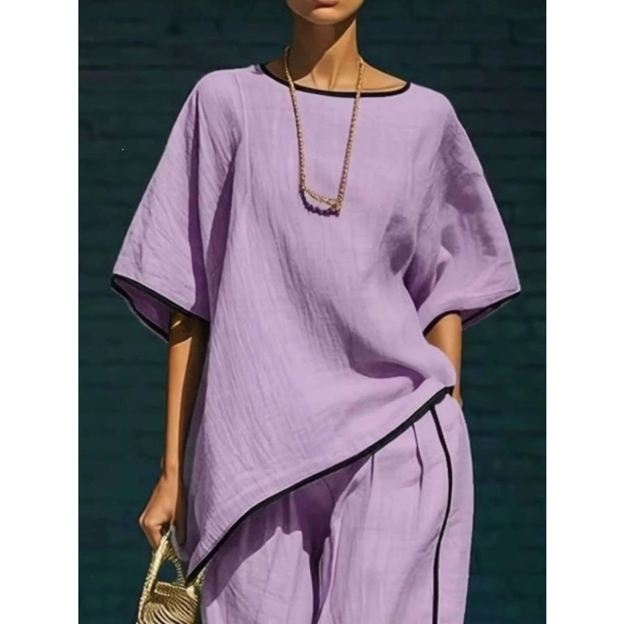 Contrast Trim Round Neck Top and Pants Set Apparel and Accessories