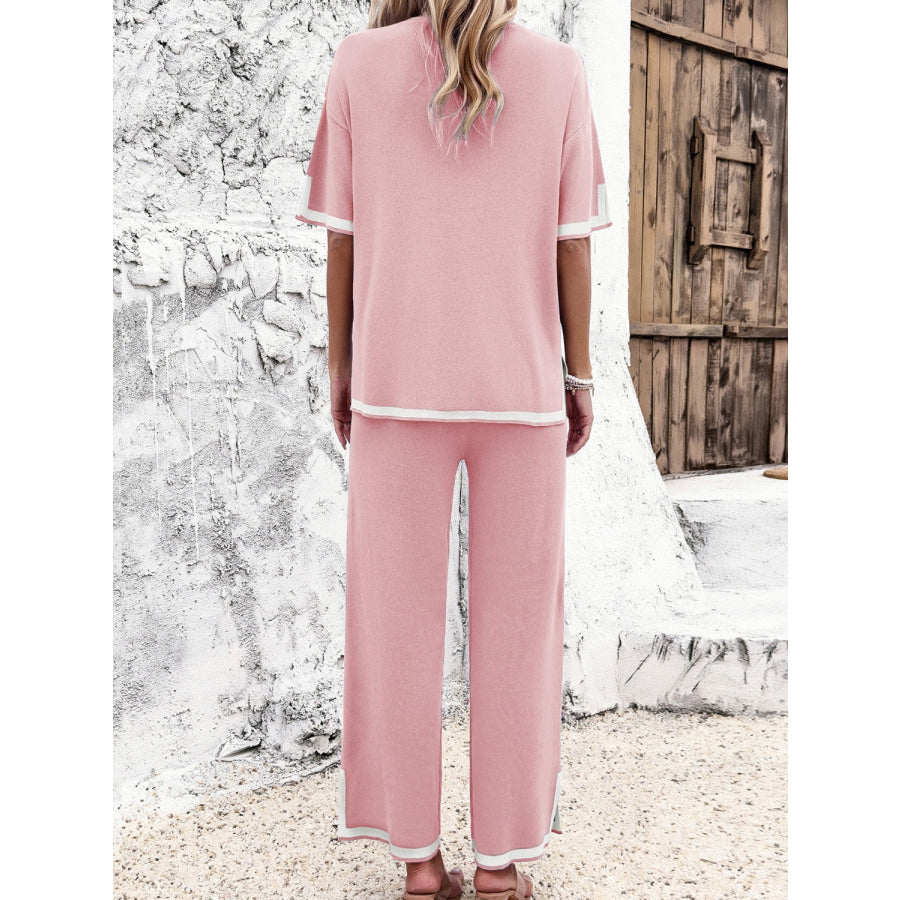 Contrast Trim Round Neck Top and Pants Set Apparel and Accessories