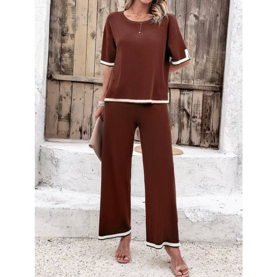 Contrast Trim Round Neck Top and Pants Set Apparel and Accessories