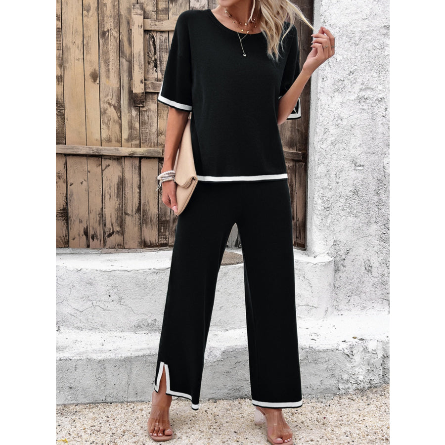 Contrast Trim Round Neck Top and Pants Set Apparel and Accessories