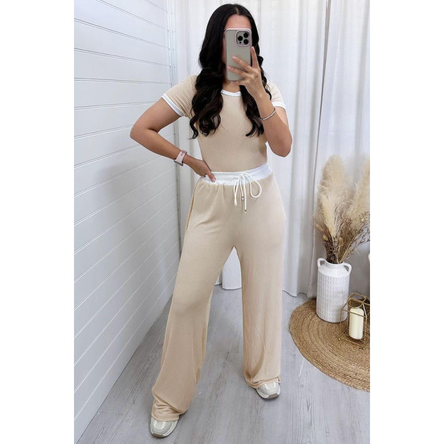 Contrast Trim Round Neck Top and Pants Set Apparel and Accessories