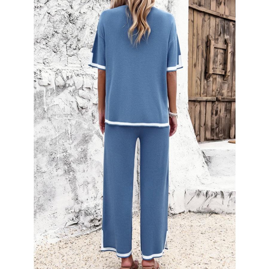 Contrast Trim Round Neck Top and Pants Set Dusty Blue / S Apparel and Accessories