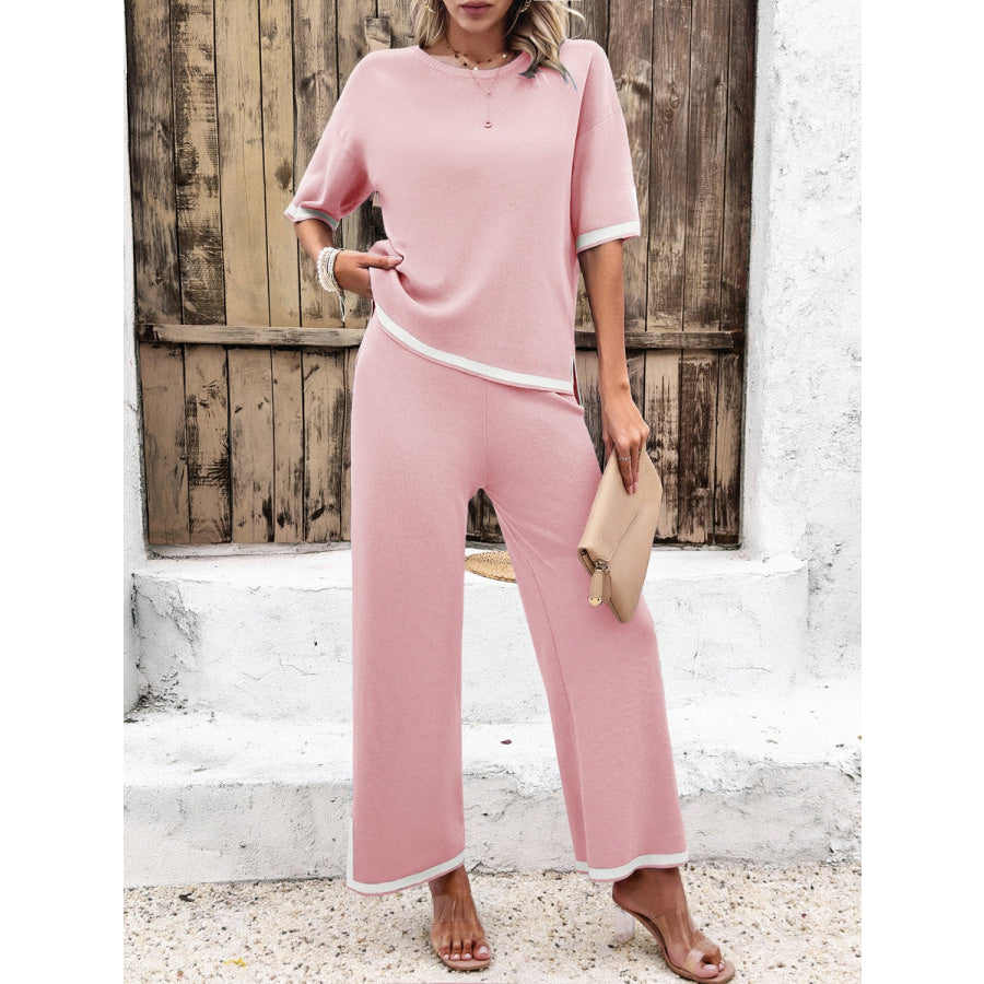 Contrast Trim Round Neck Top and Pants Set Apparel and Accessories