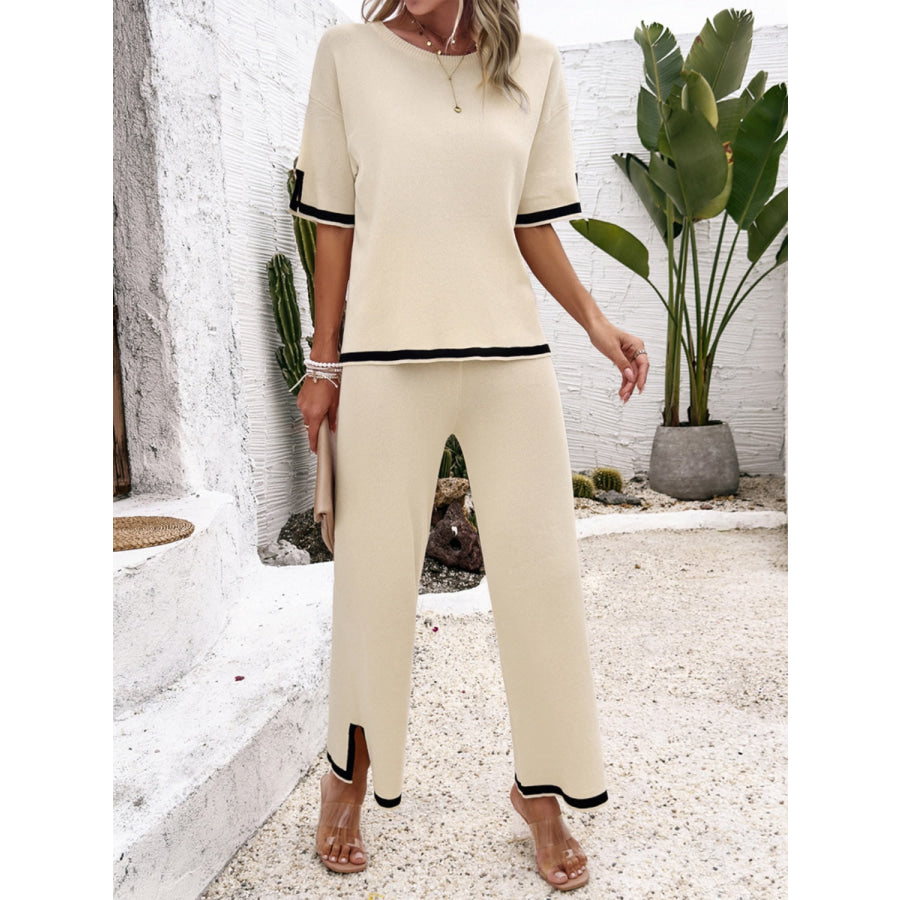 Contrast Trim Round Neck Top and Pants Set Apparel and Accessories