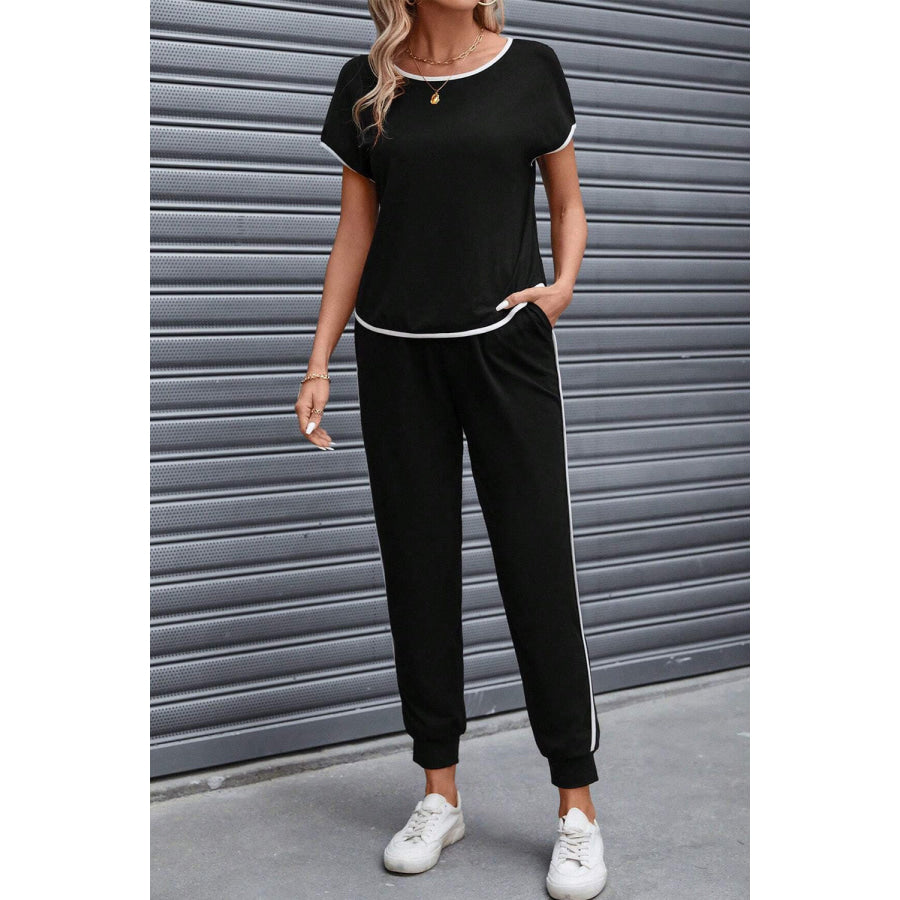 Contrast Trim Round Neck Top and Pants Set Apparel and Accessories