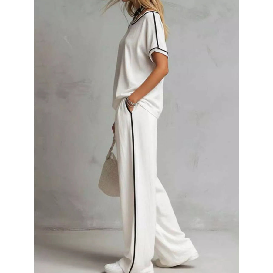Contrast Trim Round Neck Top and Pants Set Black / S Apparel Accessories