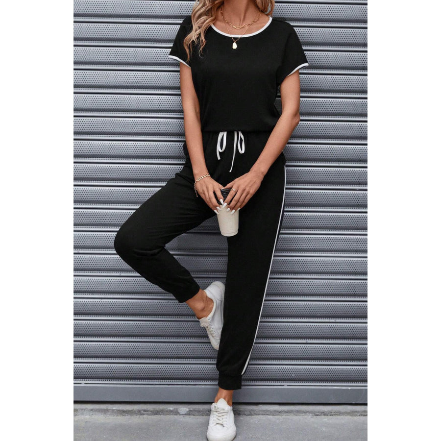 Contrast Trim Round Neck Top and Pants Set Apparel and Accessories