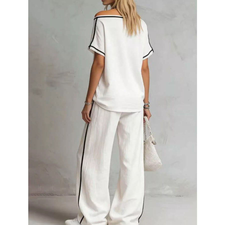 Contrast Trim Round Neck Top and Pants Set Apparel Accessories