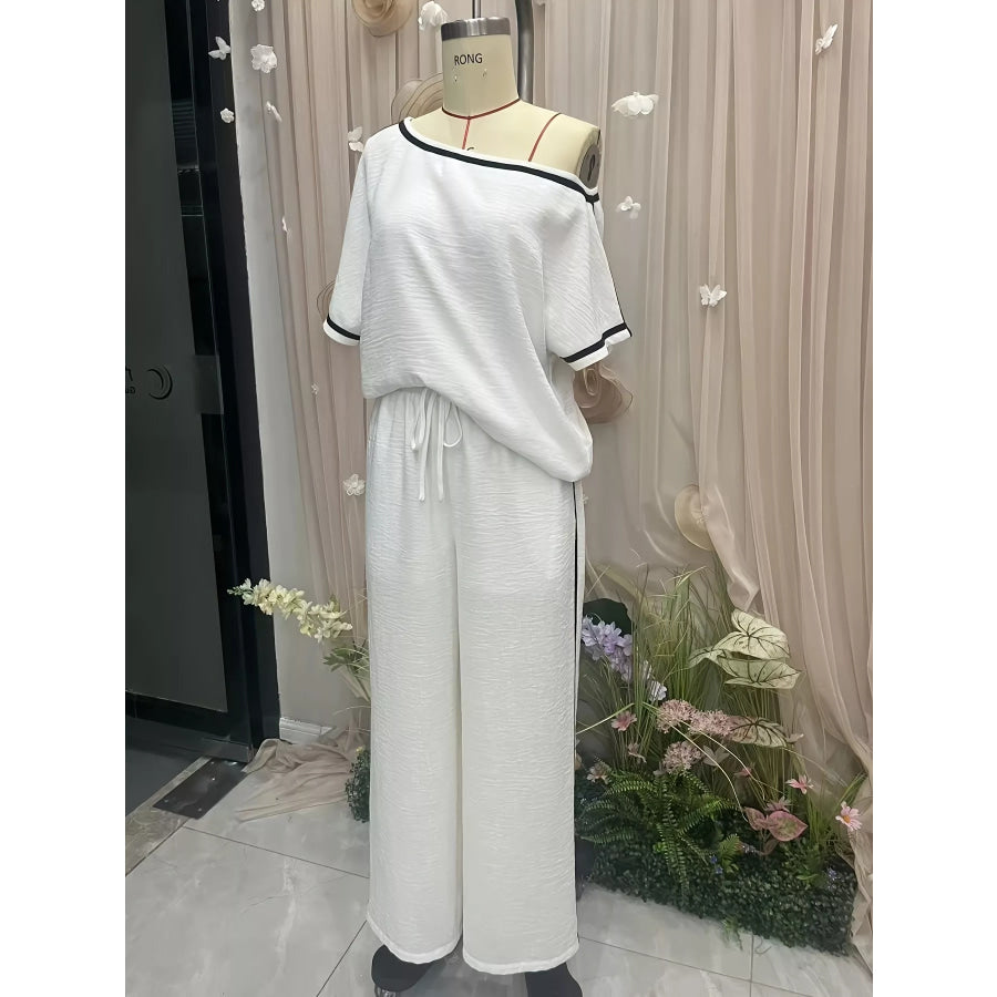 Contrast Trim Round Neck Top and Pants Set Apparel Accessories