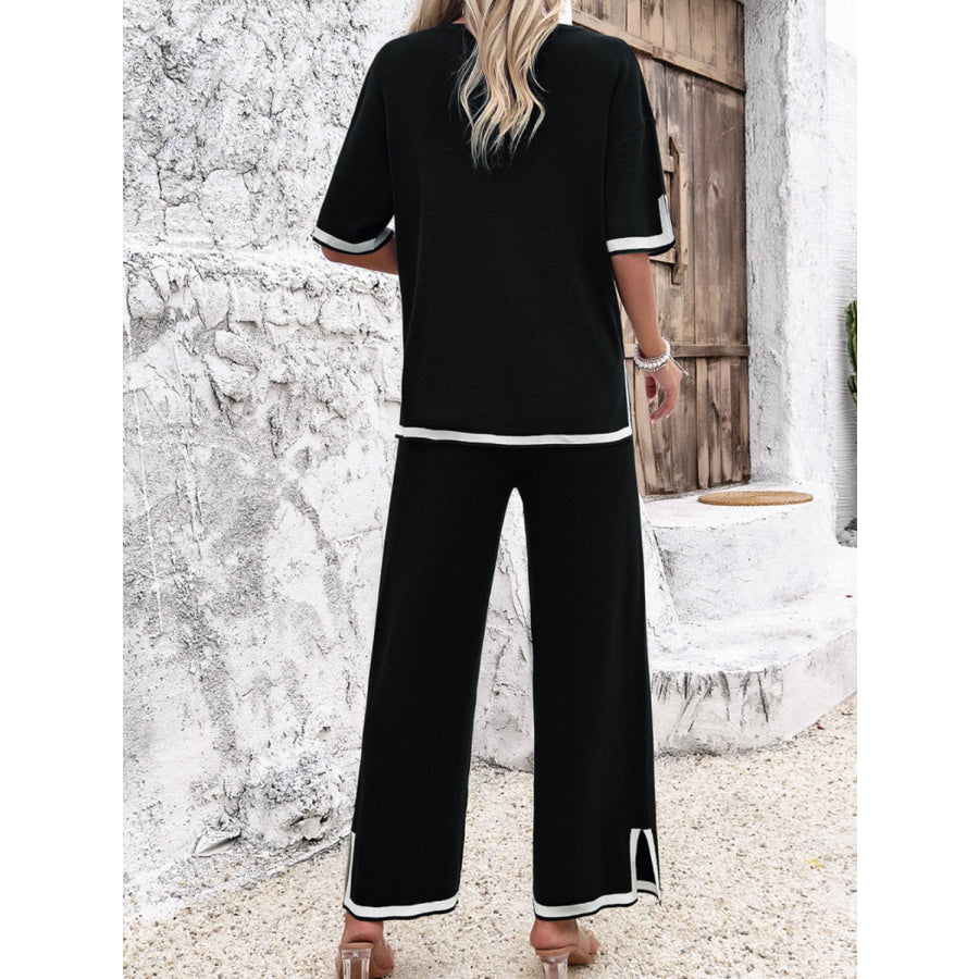 Contrast Trim Round Neck Top and Pants Set Apparel and Accessories